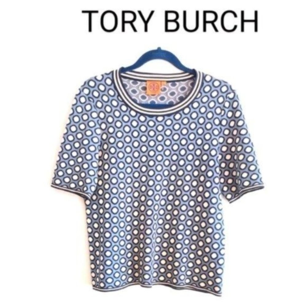Tory Burch Navy and White Crewneck Short Sleeve Sweater